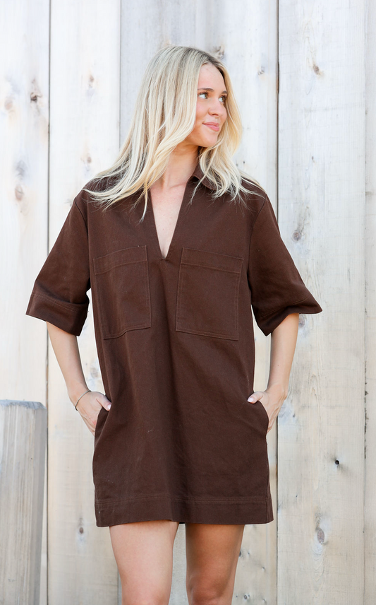 Denim Front Pockets Dress Chocolate