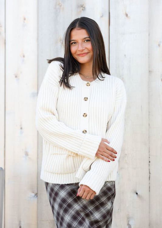 Front Pocket Button Down Cream Cardigan