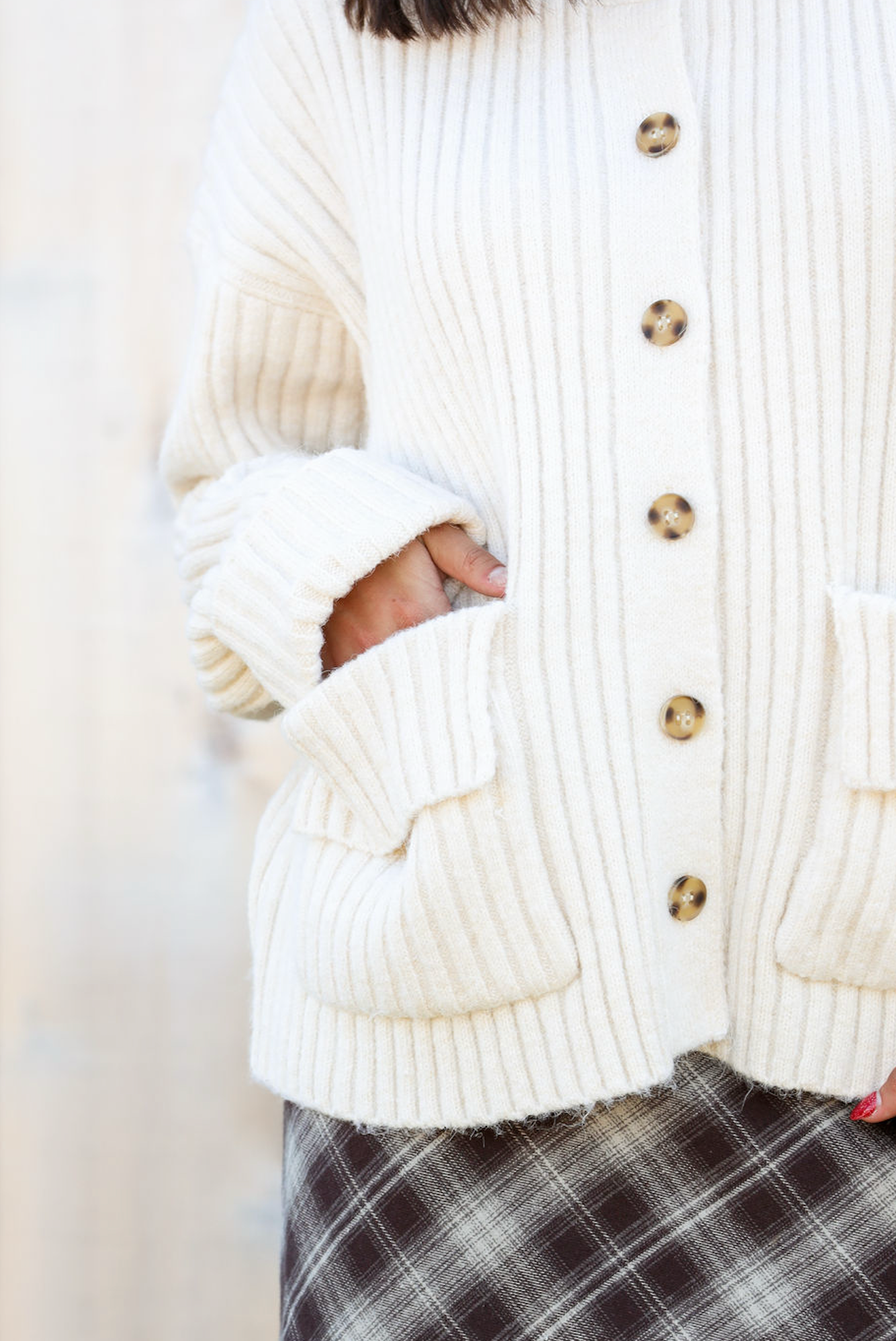 Front Pocket Button Down Cream Cardigan