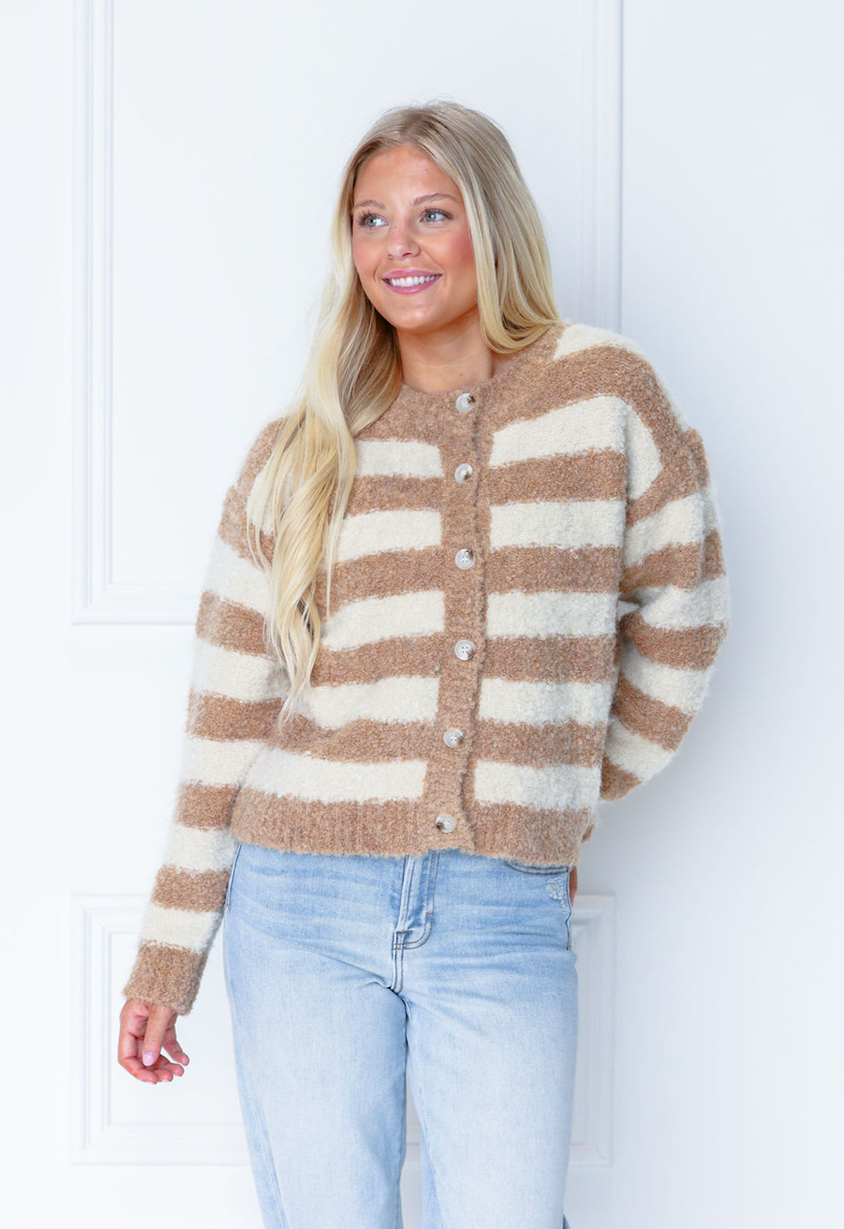 Brushed Stripe Button Cardi Mocha