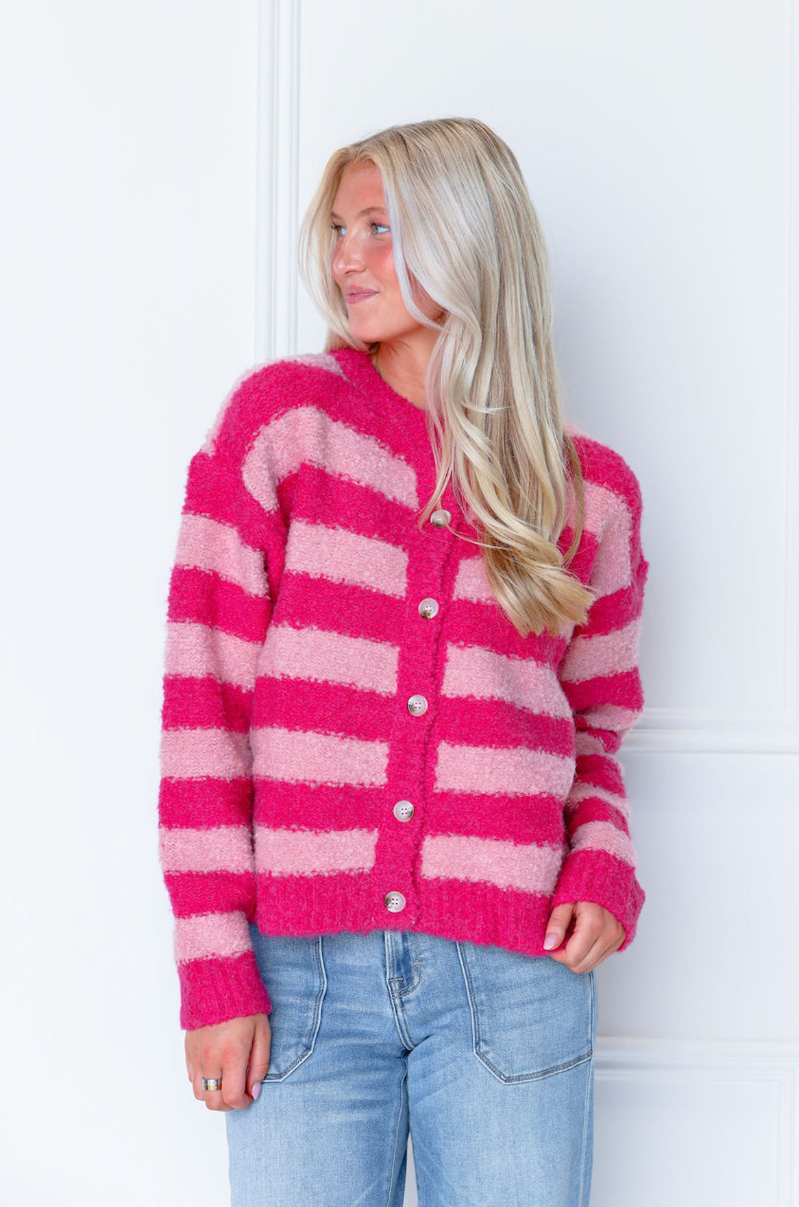 Brushed Stripe Button Cardi Pink