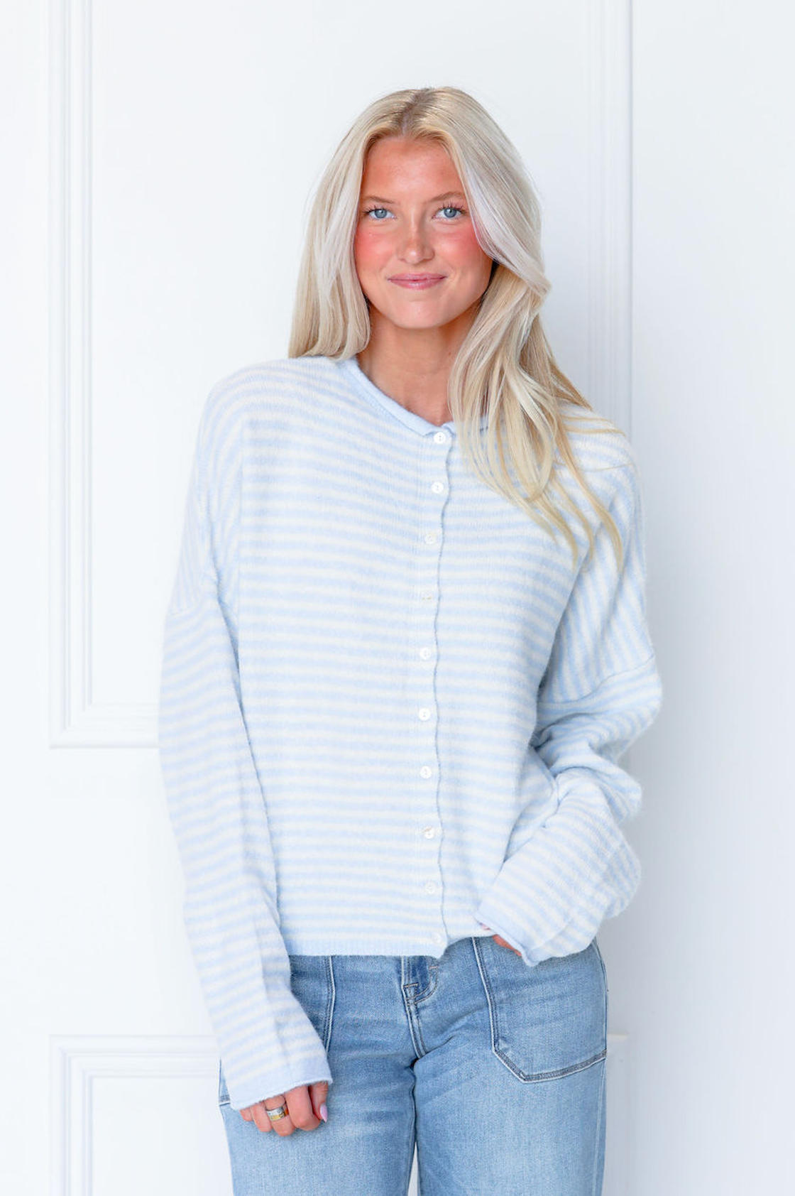 Button Down Cardi Light Blue Stripe