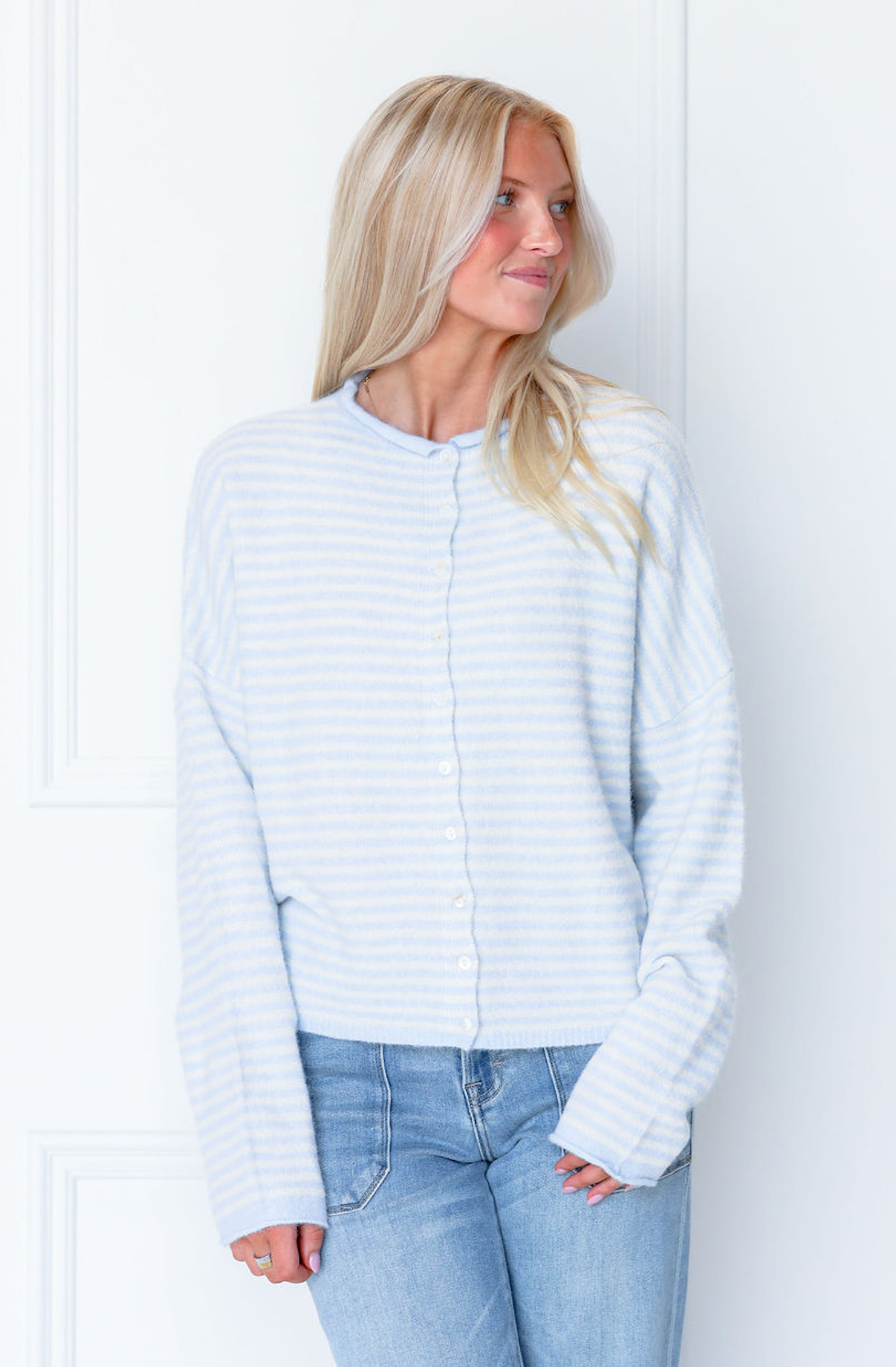 Button Down Cardi Light Blue Stripe