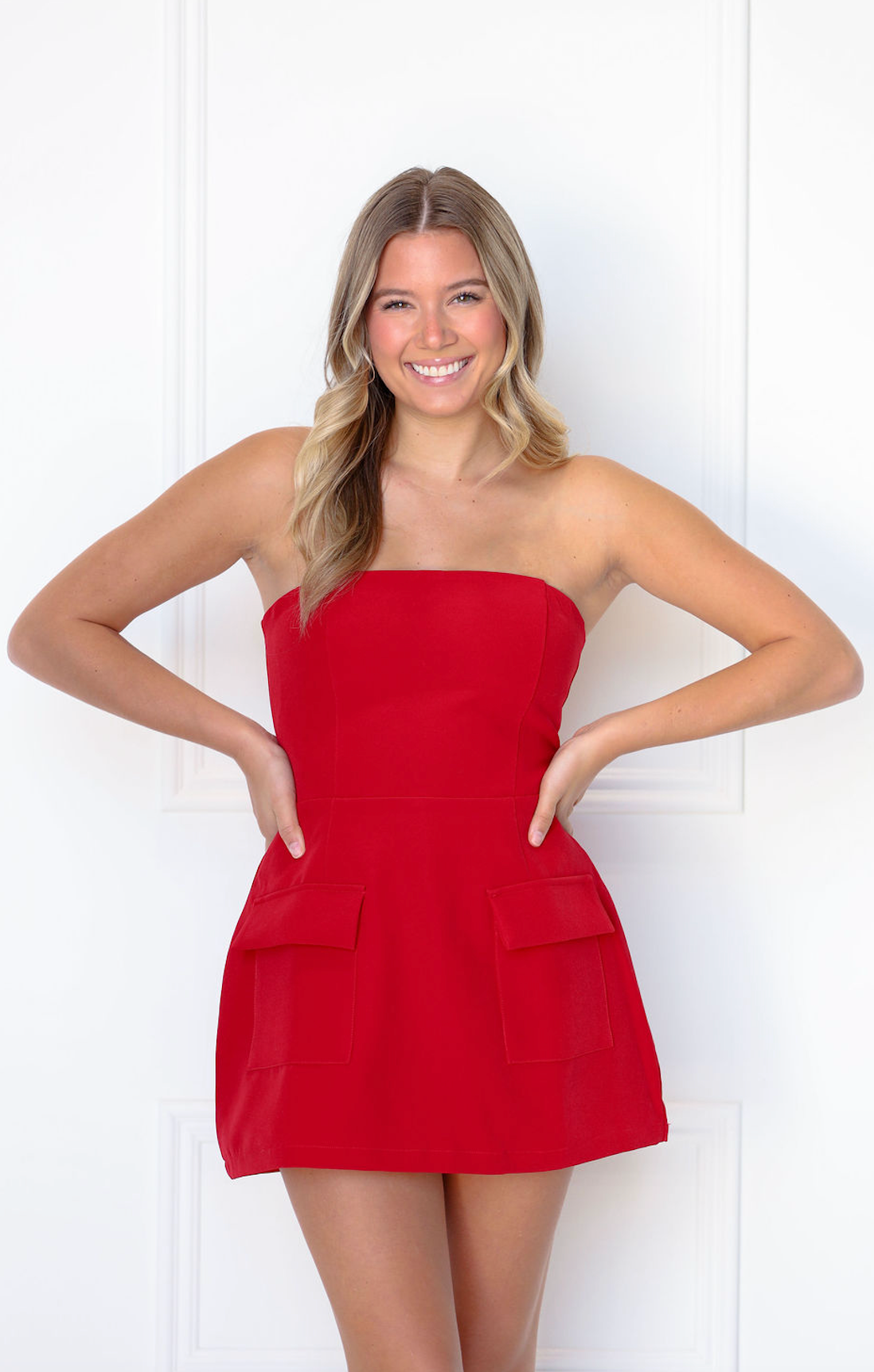 Front Pocket Strapless Dress Red Front Pocket Strapless Dress Red
