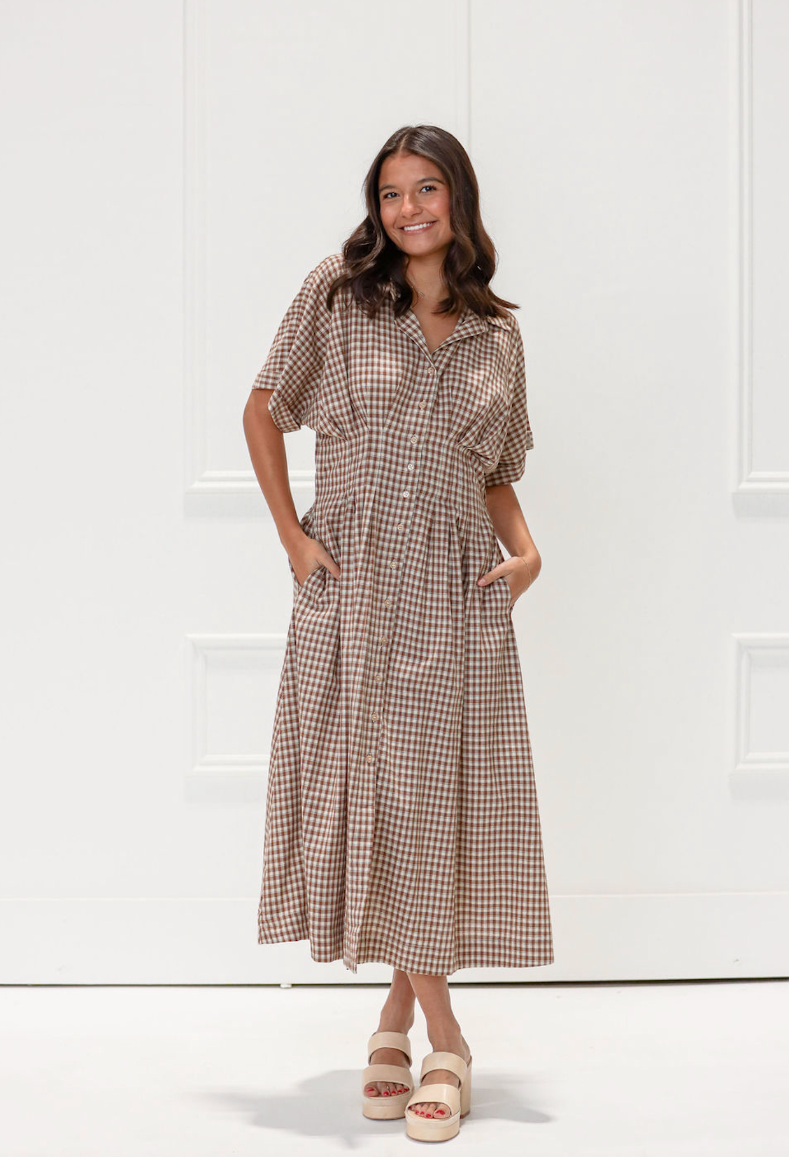 Brown Gingham Button Down Maxi Dress