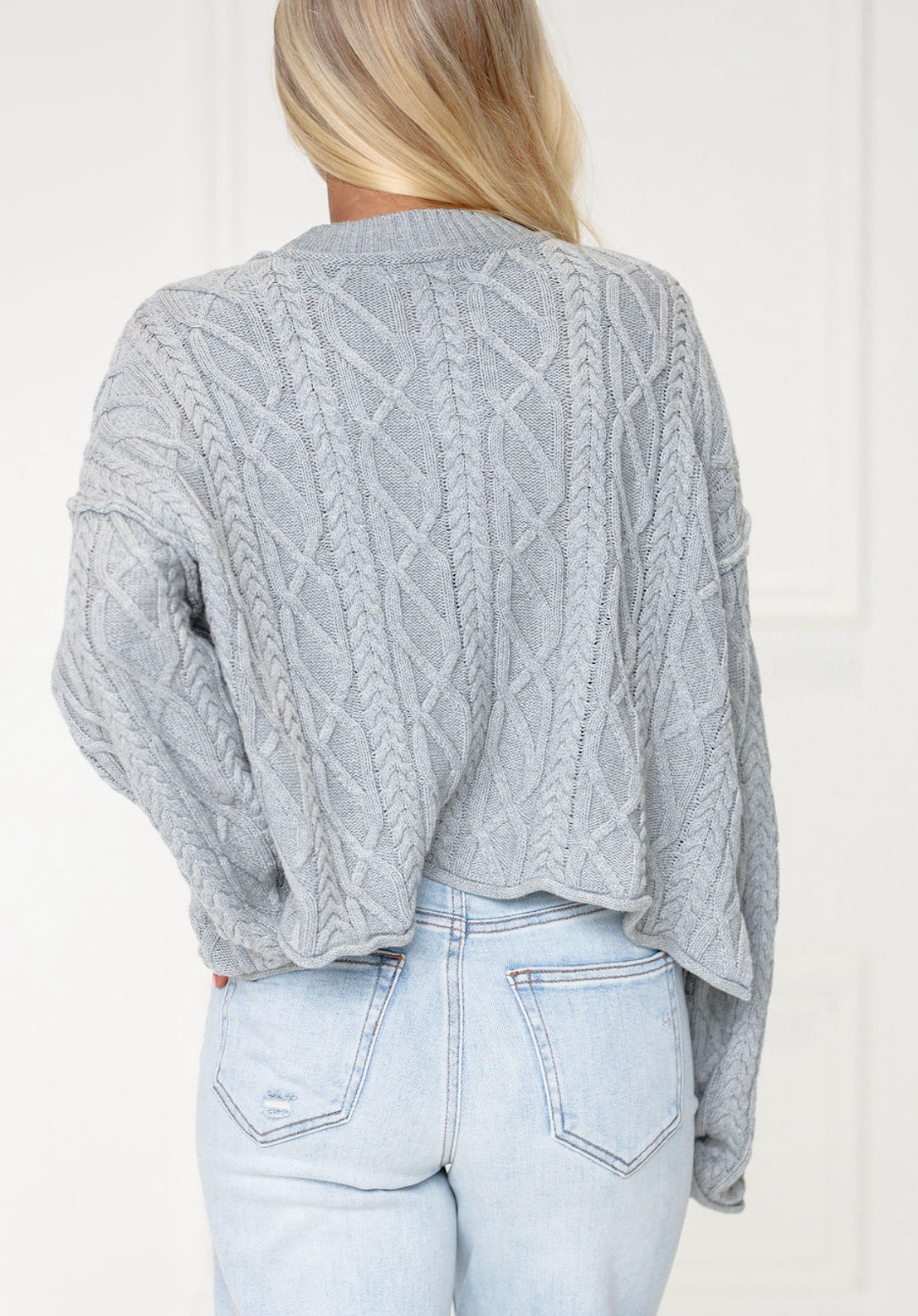 Grey Cropped Cable Knit Pullover