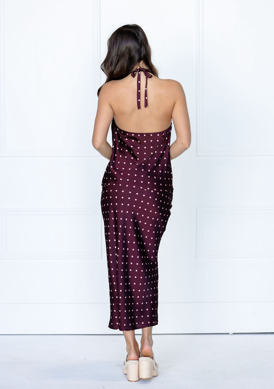 Wine/Blush Dot Satin Midi Skirt