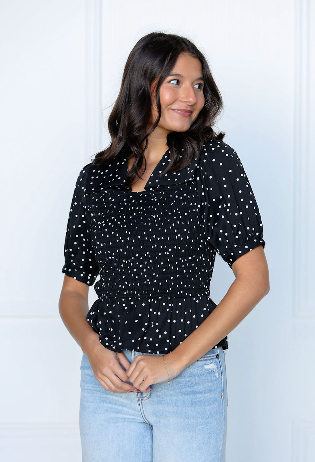 Black/White Dot Collared Top