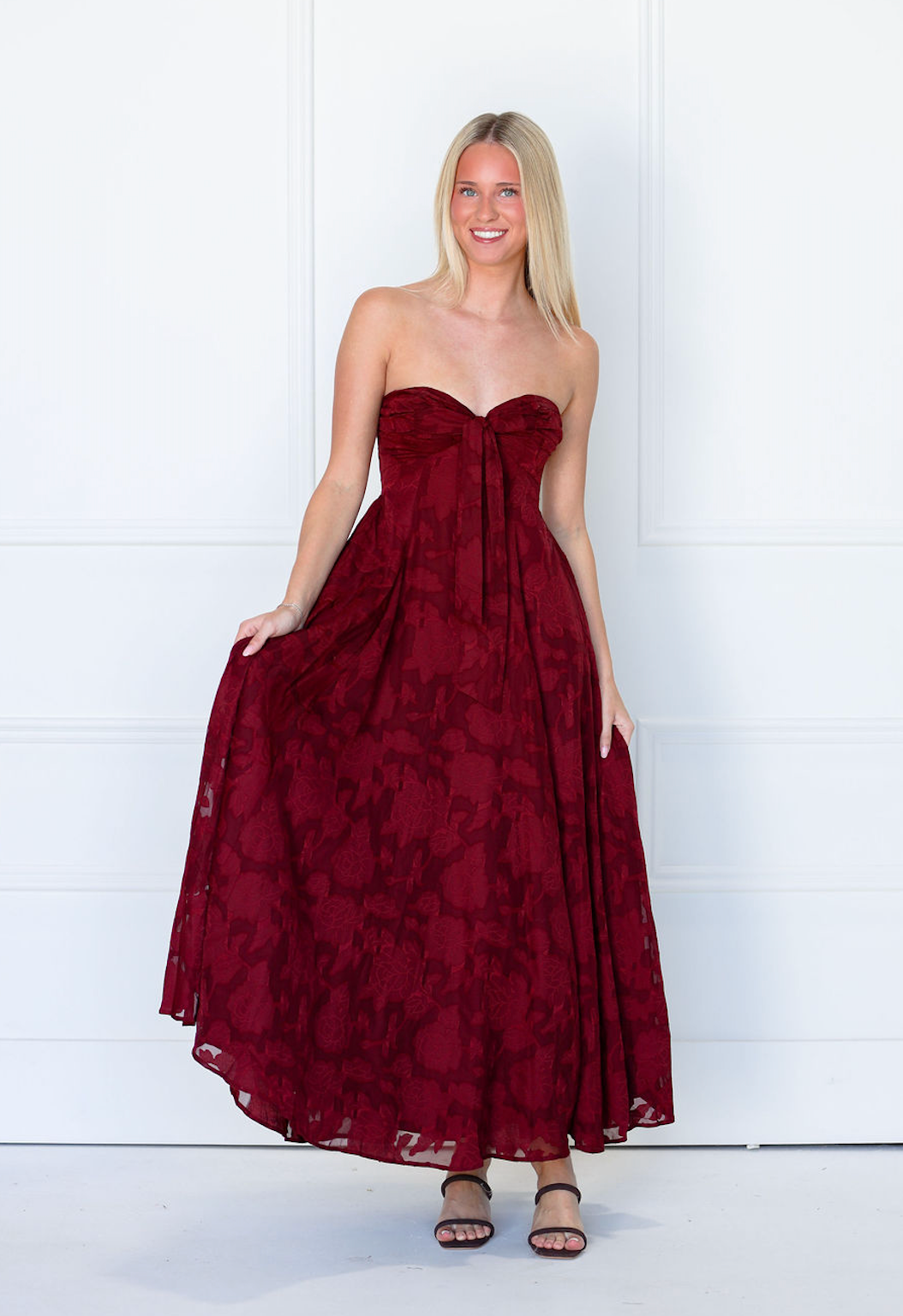 Strapless Chiffon Embossed Maxi Dress