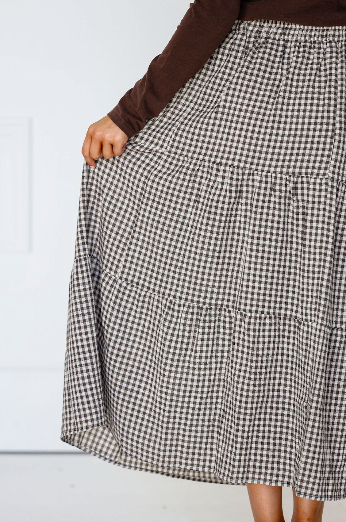 Gingham Tiered Midi Skirt Chestnut