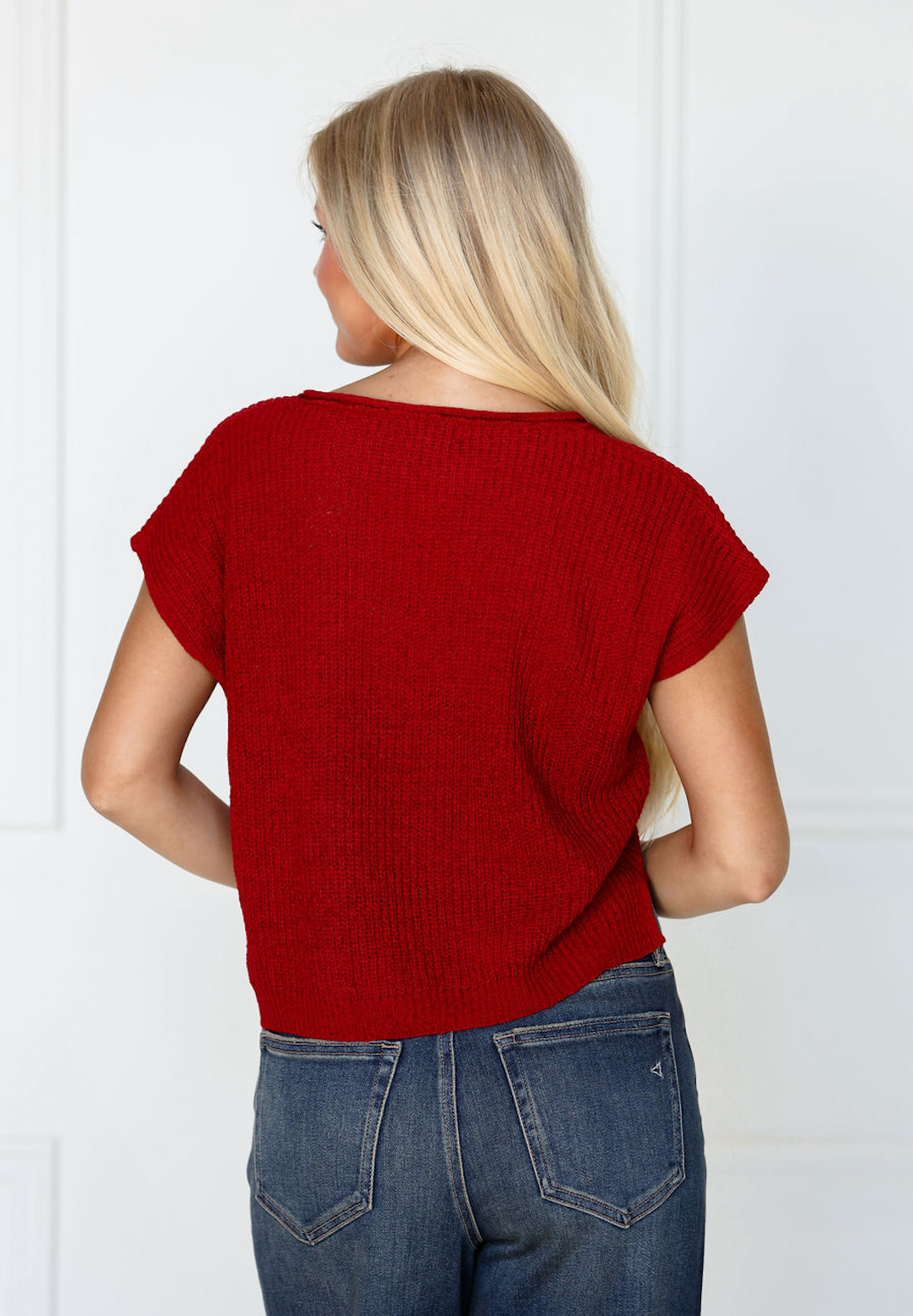 Split Neck Red Knit Top