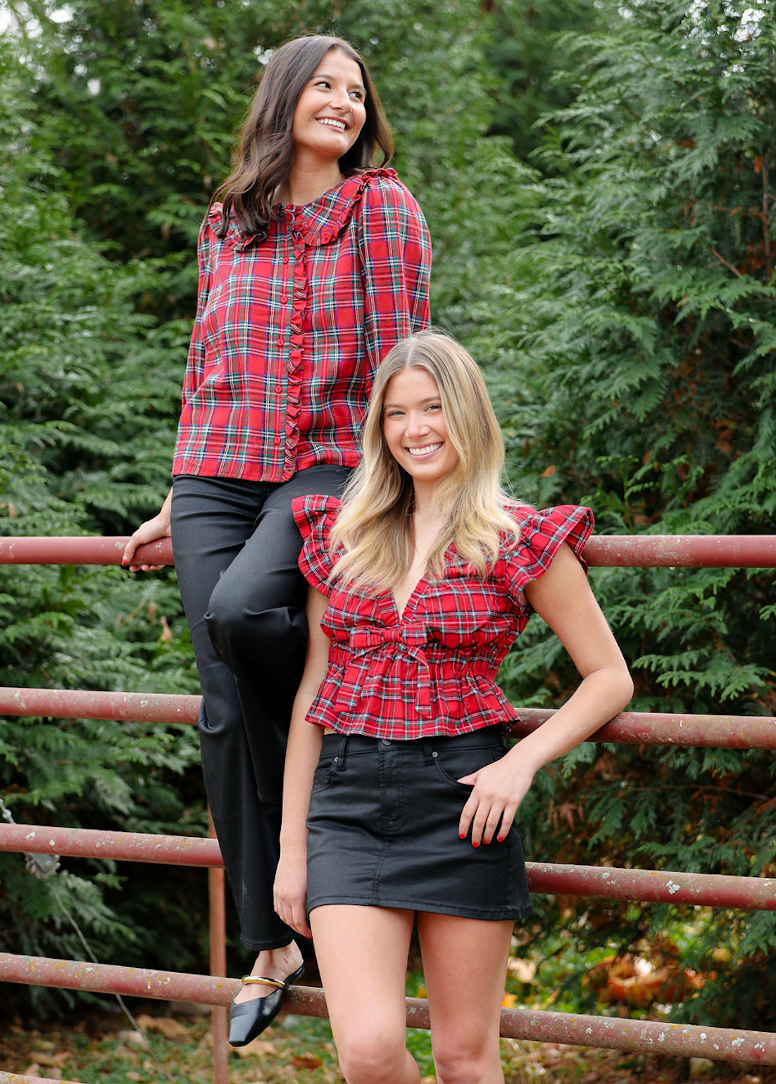 Red Plaid Ruffle Collar Button Down Blouse