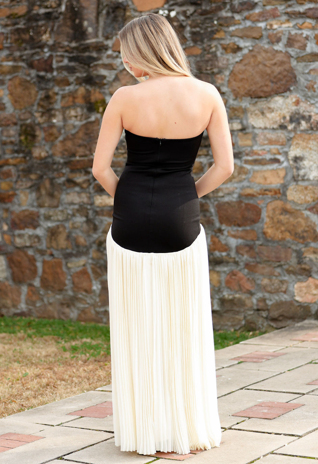 Cream/Black Strapless Drop Waist Maxi Dress