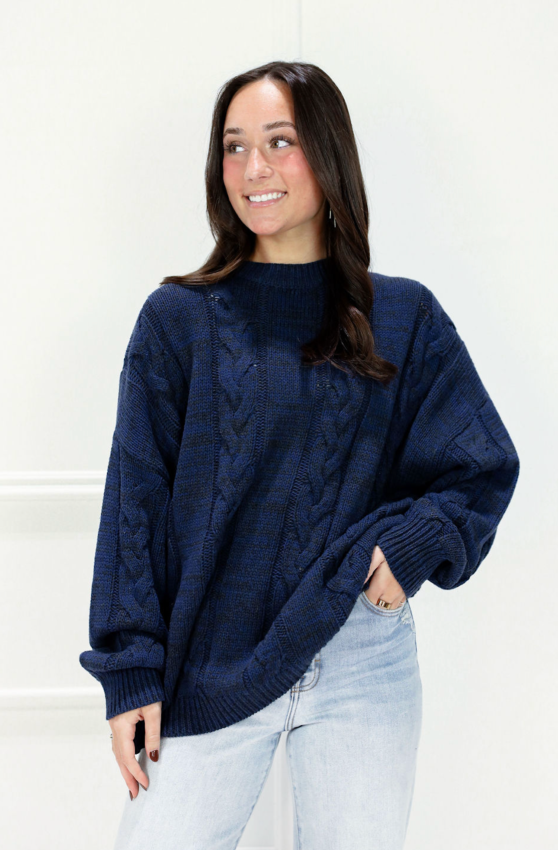 Cable Relaxed Fit Sweater Navy – Clothe Boutique