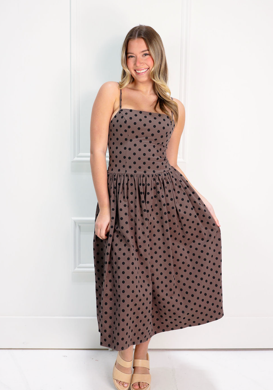 Brown Polka Dot Drop Waist Midi Dress