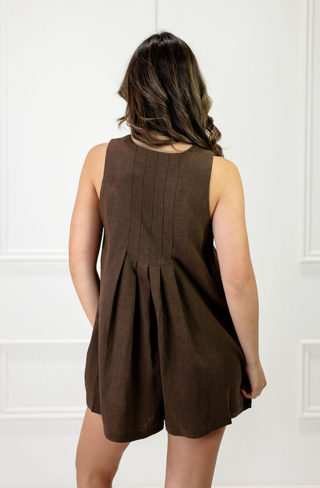 Linen Pleated Front Button Romper Brown - Clothe Boutique