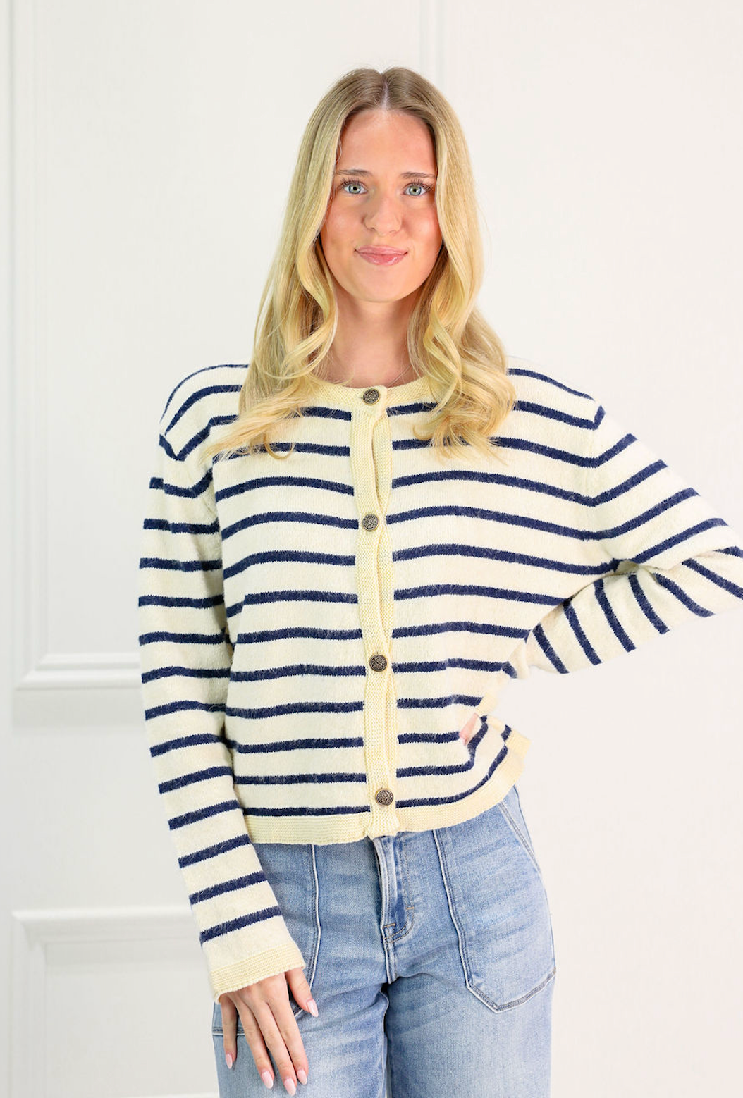 Cream/Navy Stripe Cardigan - Clothe Boutique