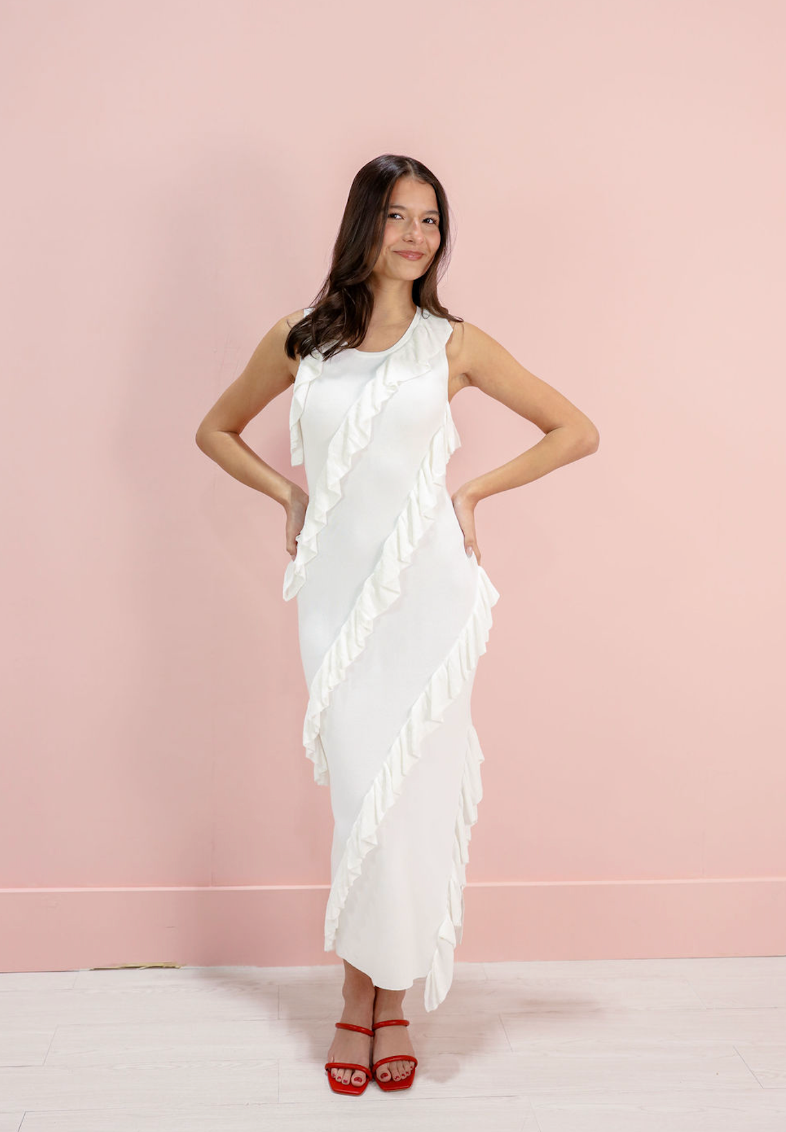 Asymmetrical Ruffle Midi Dress White Asymmetrical Ruffle Midi Dress White