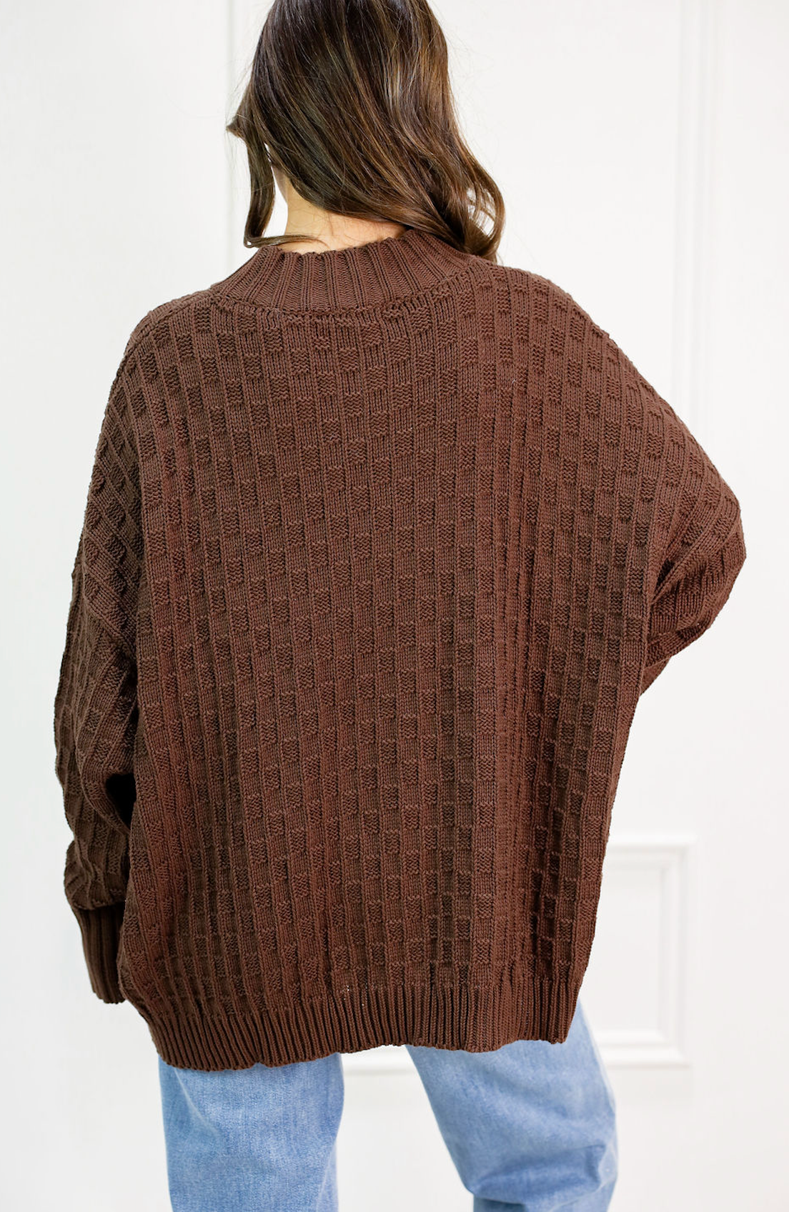 Oversized Mock Checker Sweater Chocolate - Clothe Boutique