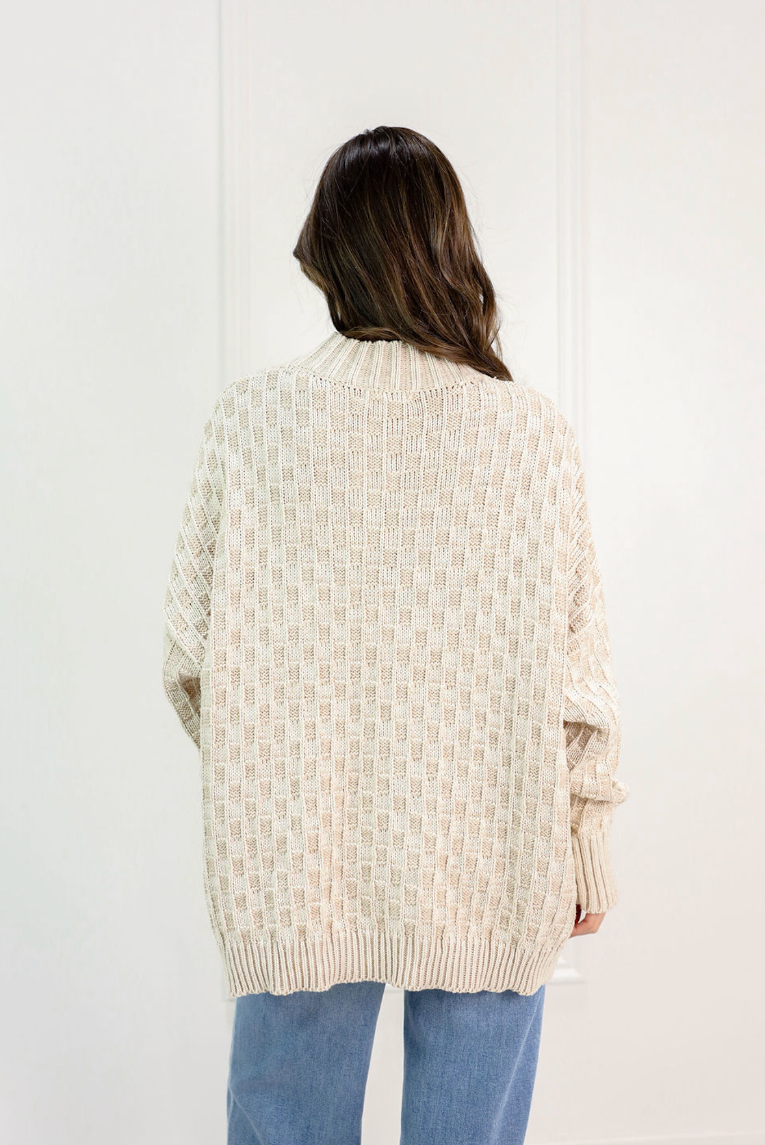Oversized Mock Checker Sweater Ivory