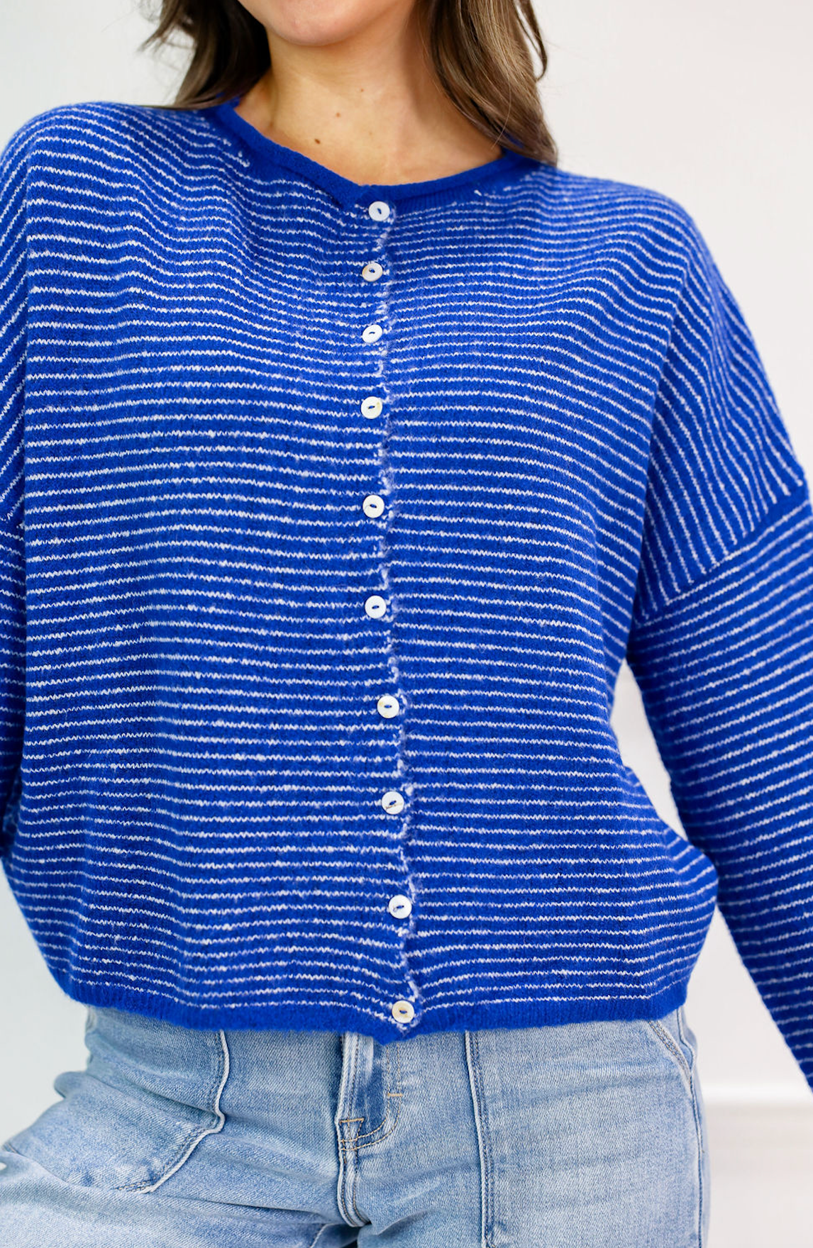 Piper Pinstripe Cardigan Royal - Clothe Boutique