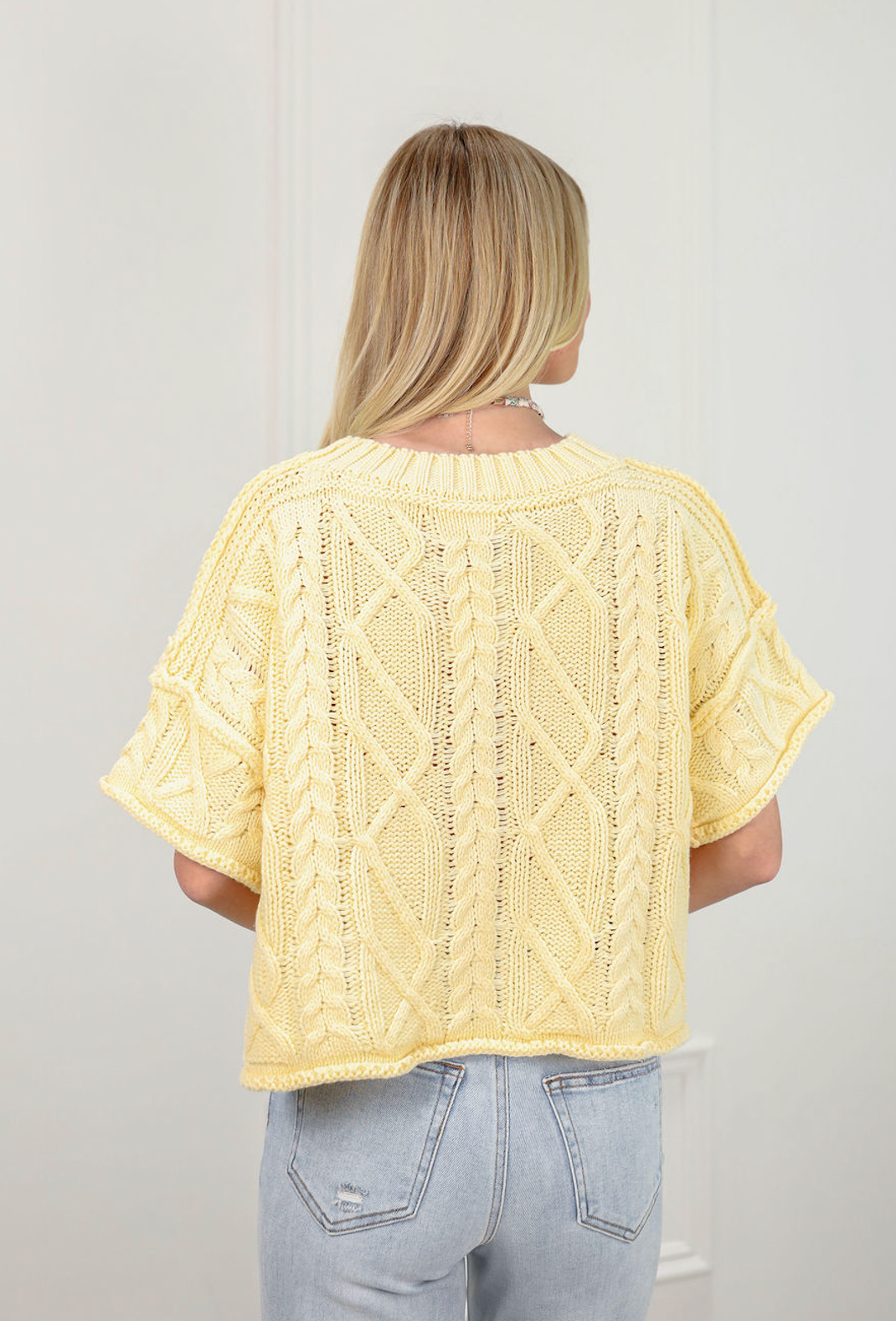 Cable Knit Short Sleeve Sweater Yellow - Clothe Boutique