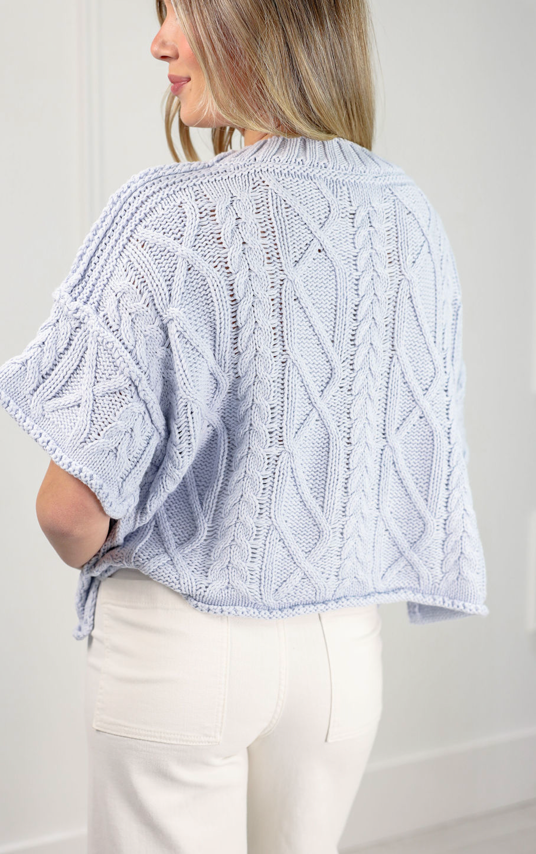 Cable Knit Short Sleeve Sweater Blue - Clothe Boutique