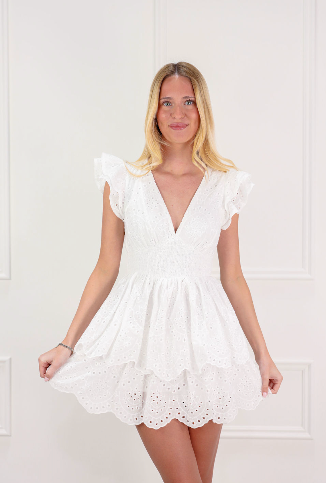 mini romper dress Eyelet Romper Dress w/ Smocked Waist