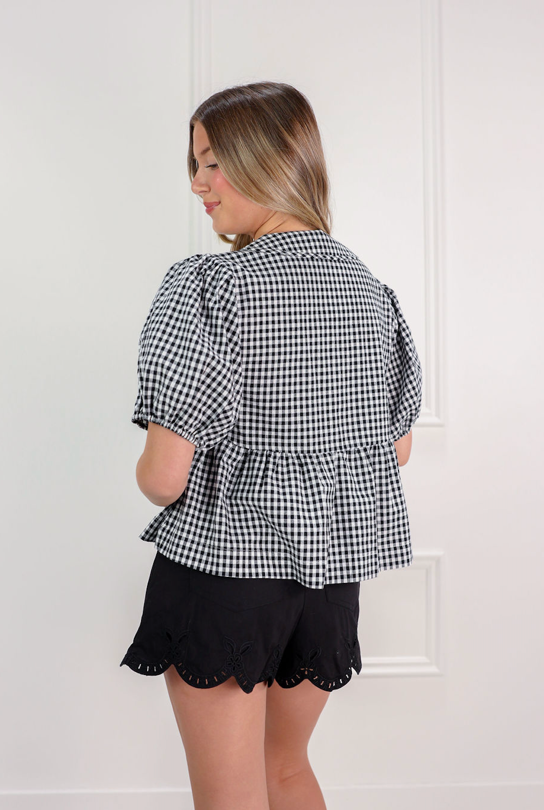 Plaid Collared Blouse Black