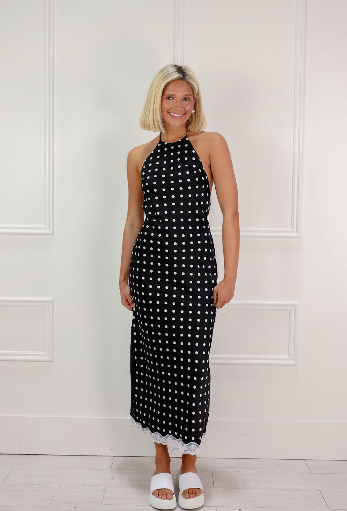 Polka Dot Lace Trim Halter Maxi Dress  Clothe Boutique