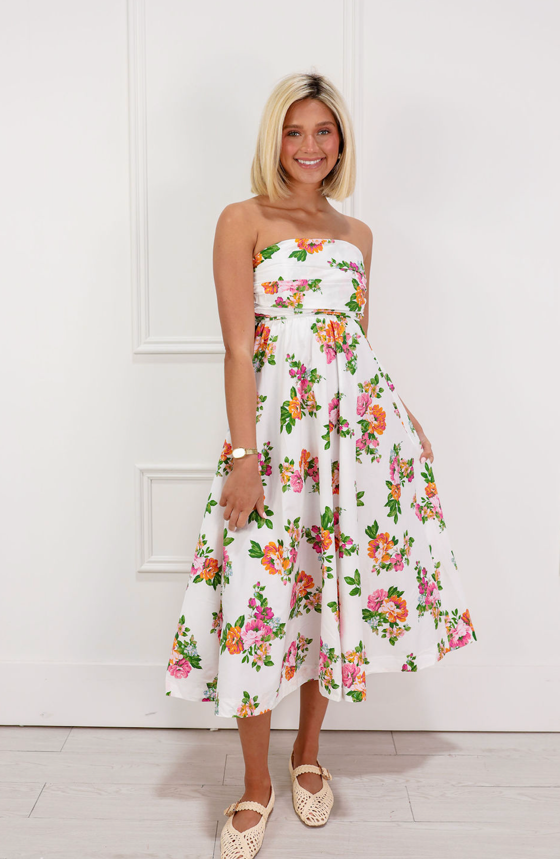 strapless floral dress midi Londyn Floral Strapless Dress – Clothe Boutique