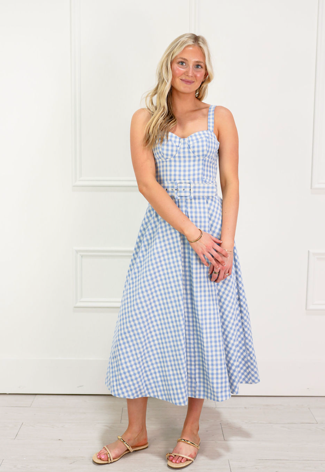 Gingham Checker Waist Belt Midi Dress Blue Clothe Boutique Gingham Checker Waist Belt Midi Dress Blue Clothe Boutique