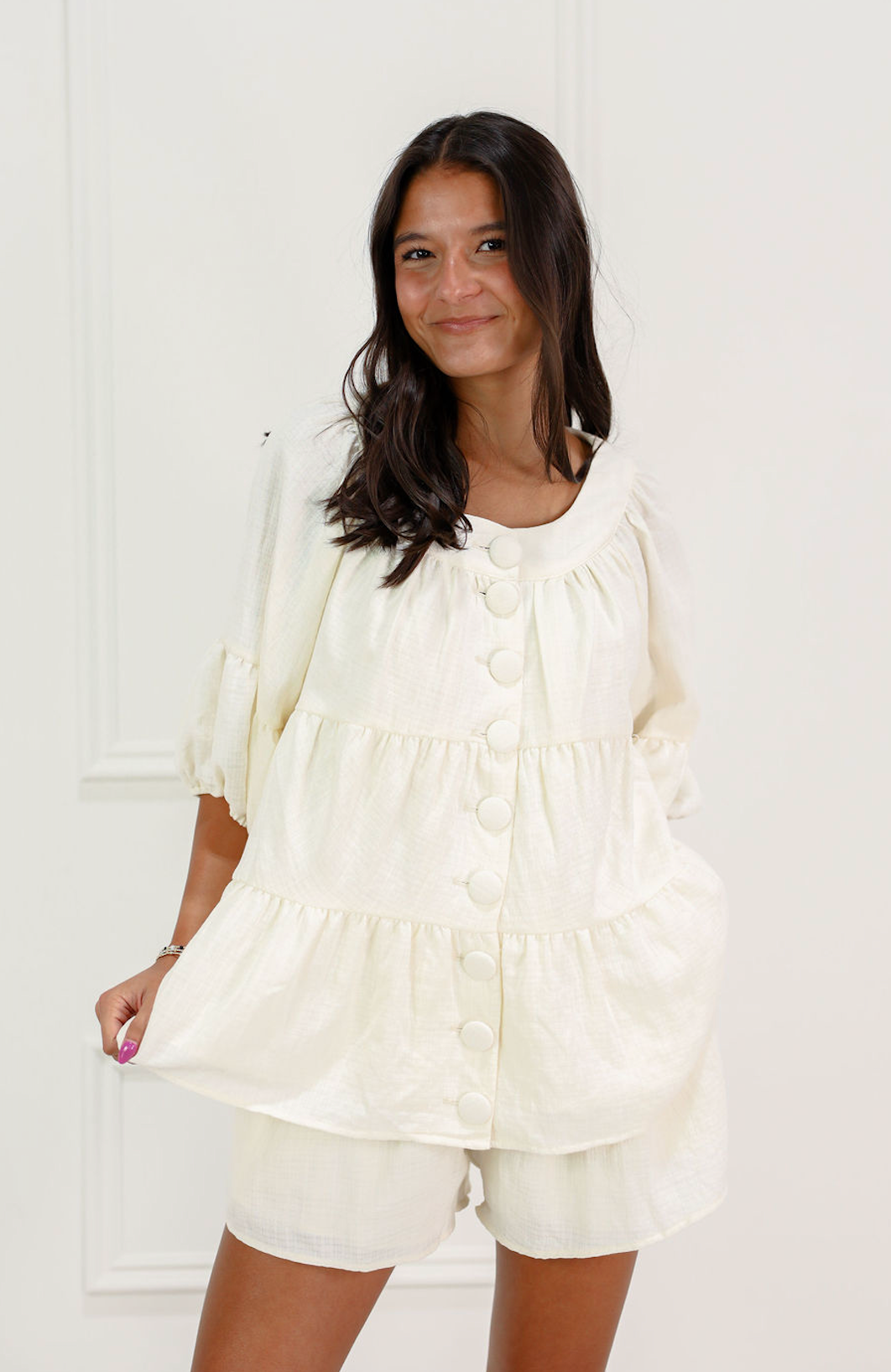 Buttons Tiered Top & Shorts Set of 2 Cream Clothe Boutique Buttons Tiered Top & Shorts Set of 2 Cream Clothe Boutique