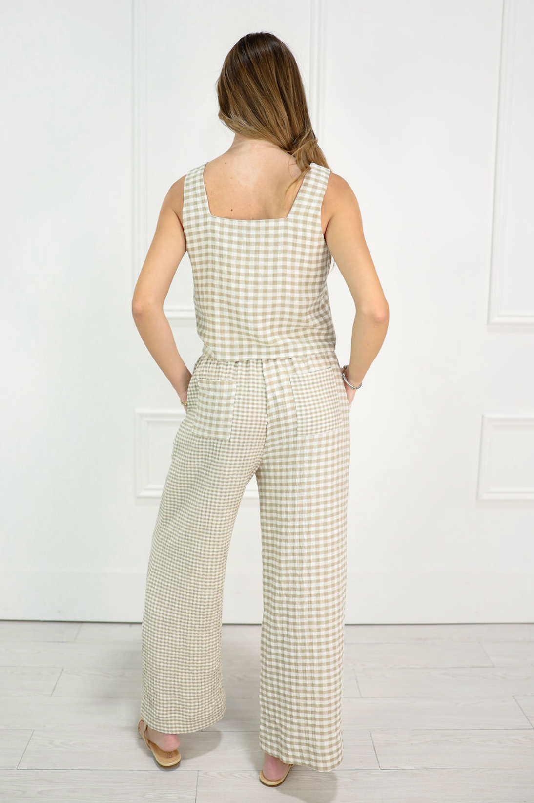 Mixed Gingham Drawstring Pants Tan