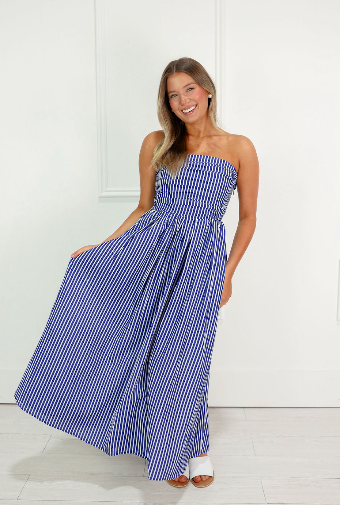 knee length dresses for ladies Striped Tube Top Midi Dress Royal – Clothe Boutique