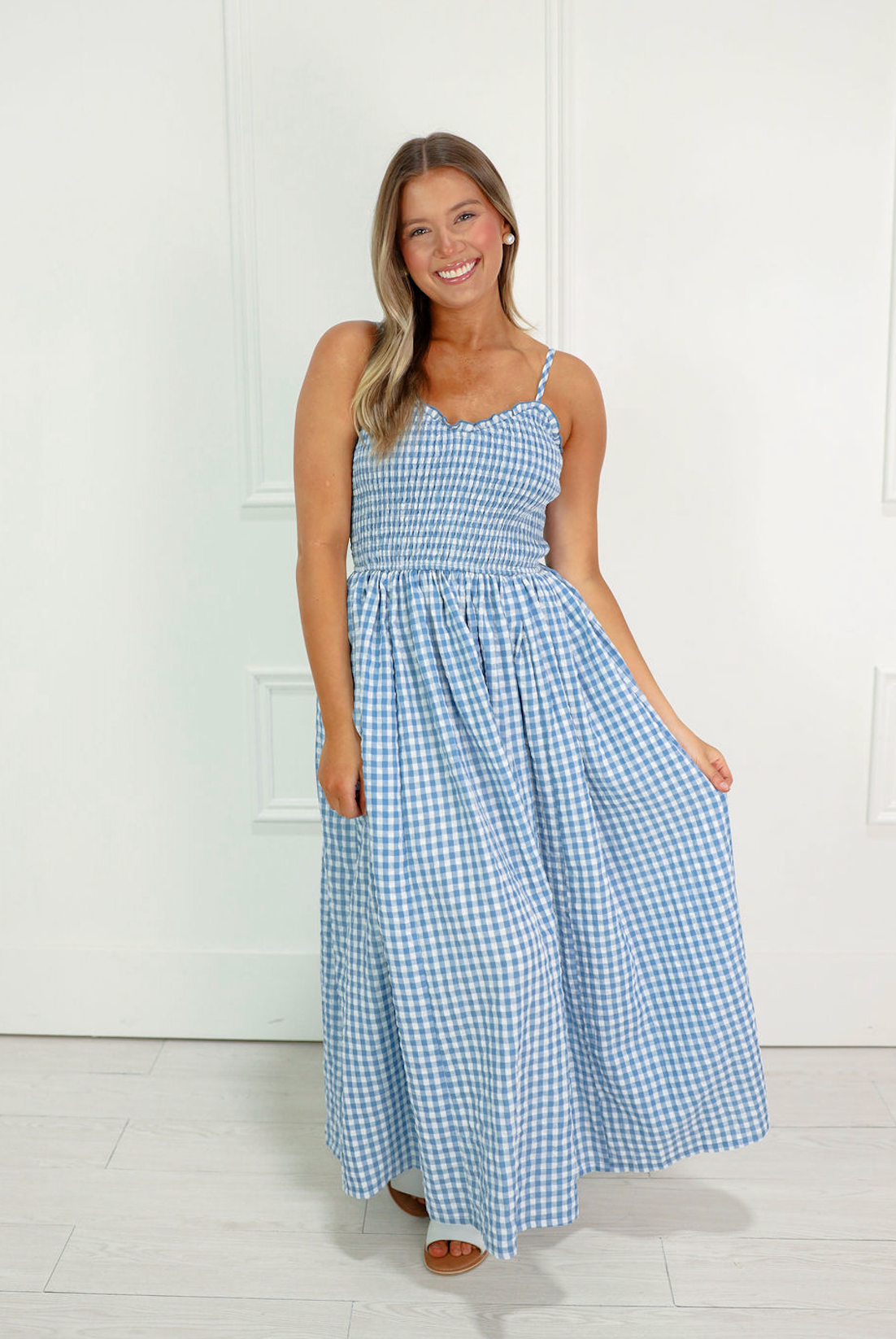 Blue Smocked Gingham Midi Dress – Clothe Boutique