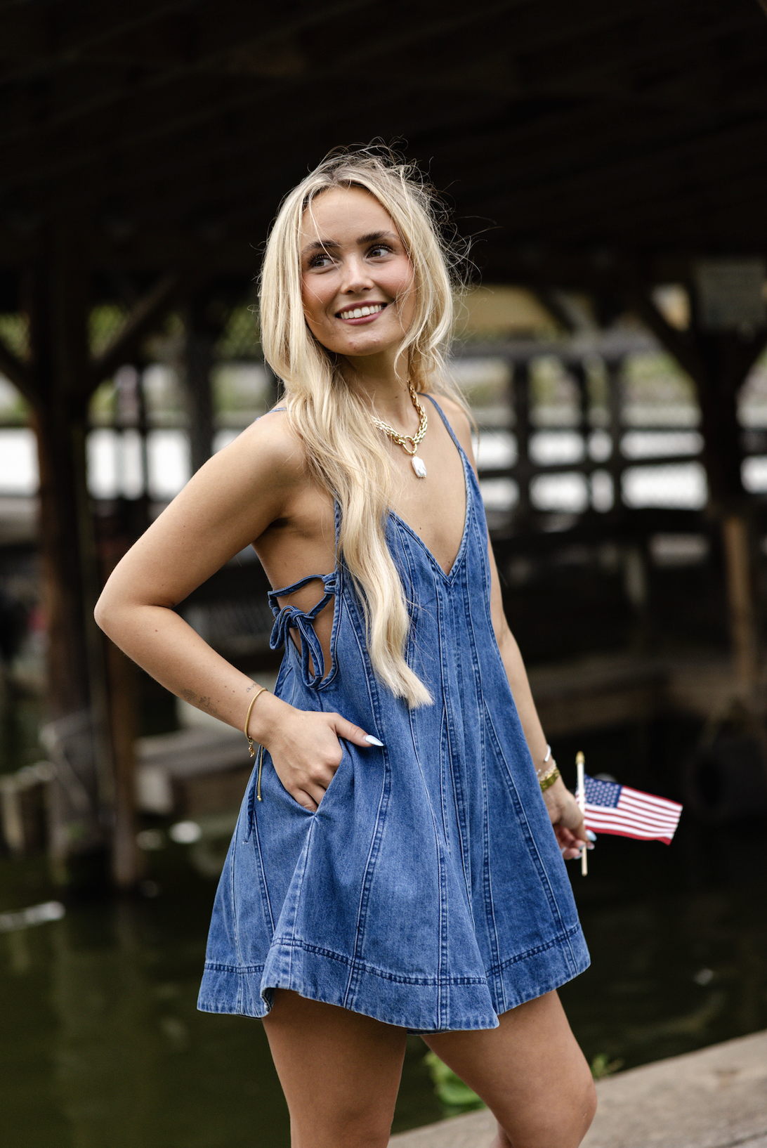 Flared Denim Romper Shorts Jumpsuit with Side Tie-Blue Denim Wash