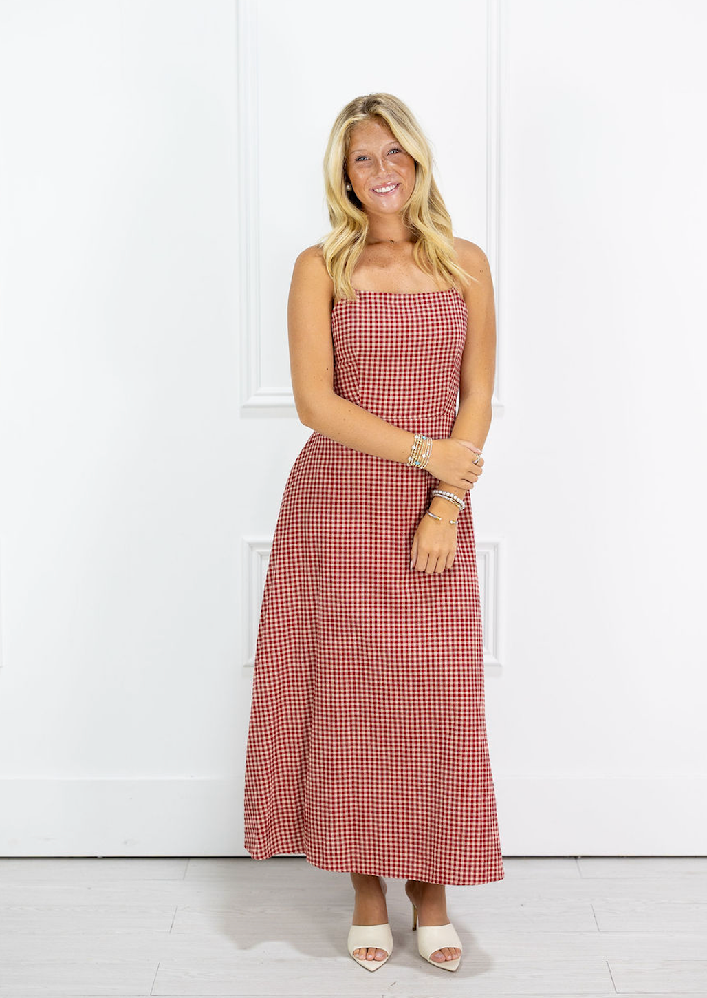 Red Gingham Tie Back Midi Dress