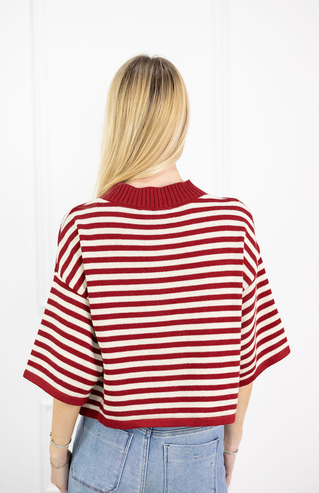 Striped Short Sleeve Cardigan Red