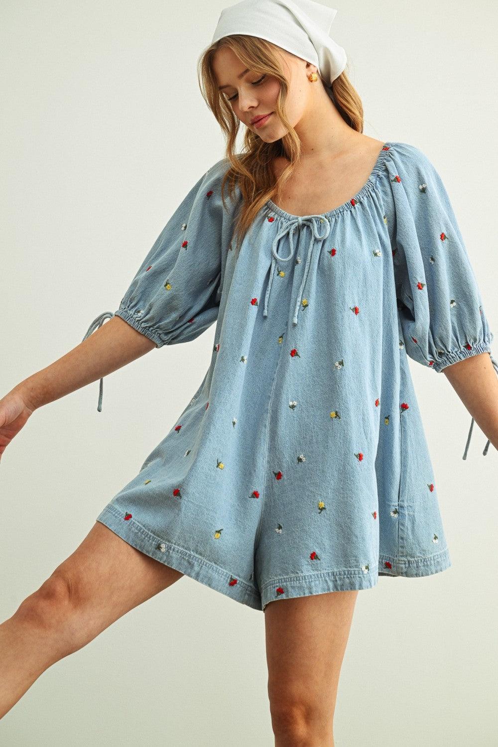 Embroidered Flowers Denim Romper