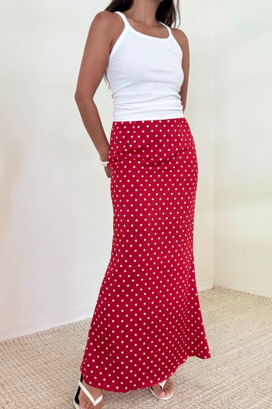 Satin Polka Dot Maxi Skirt Red