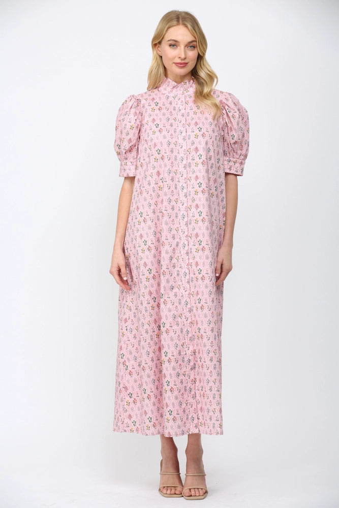 Ruffled Mock Neck Floral Midi Dress