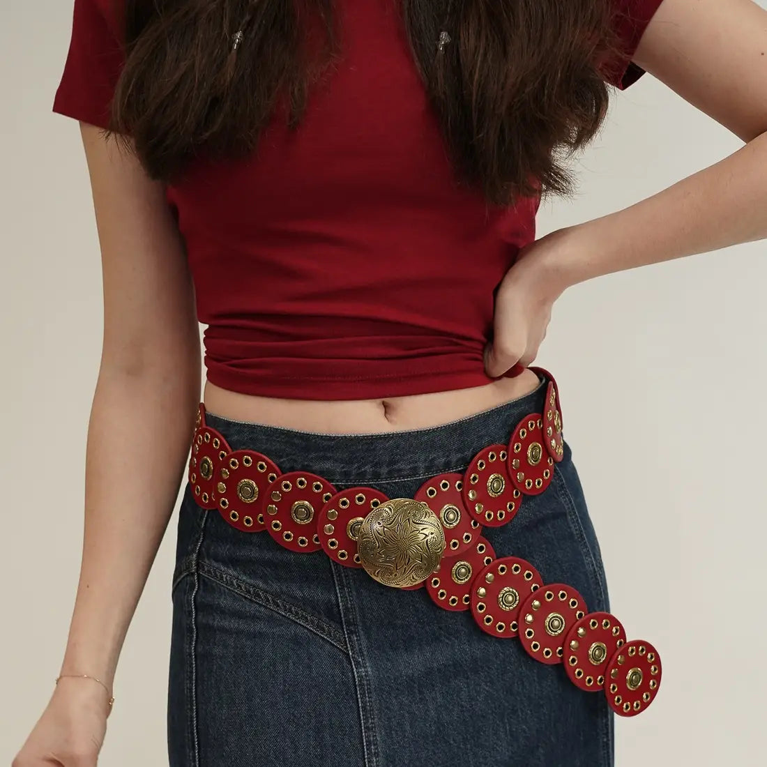 Leather Circle Disc Belt Red