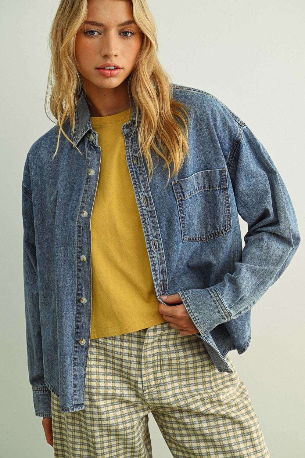 Washed Denim Button Down Top - Clothe Boutique