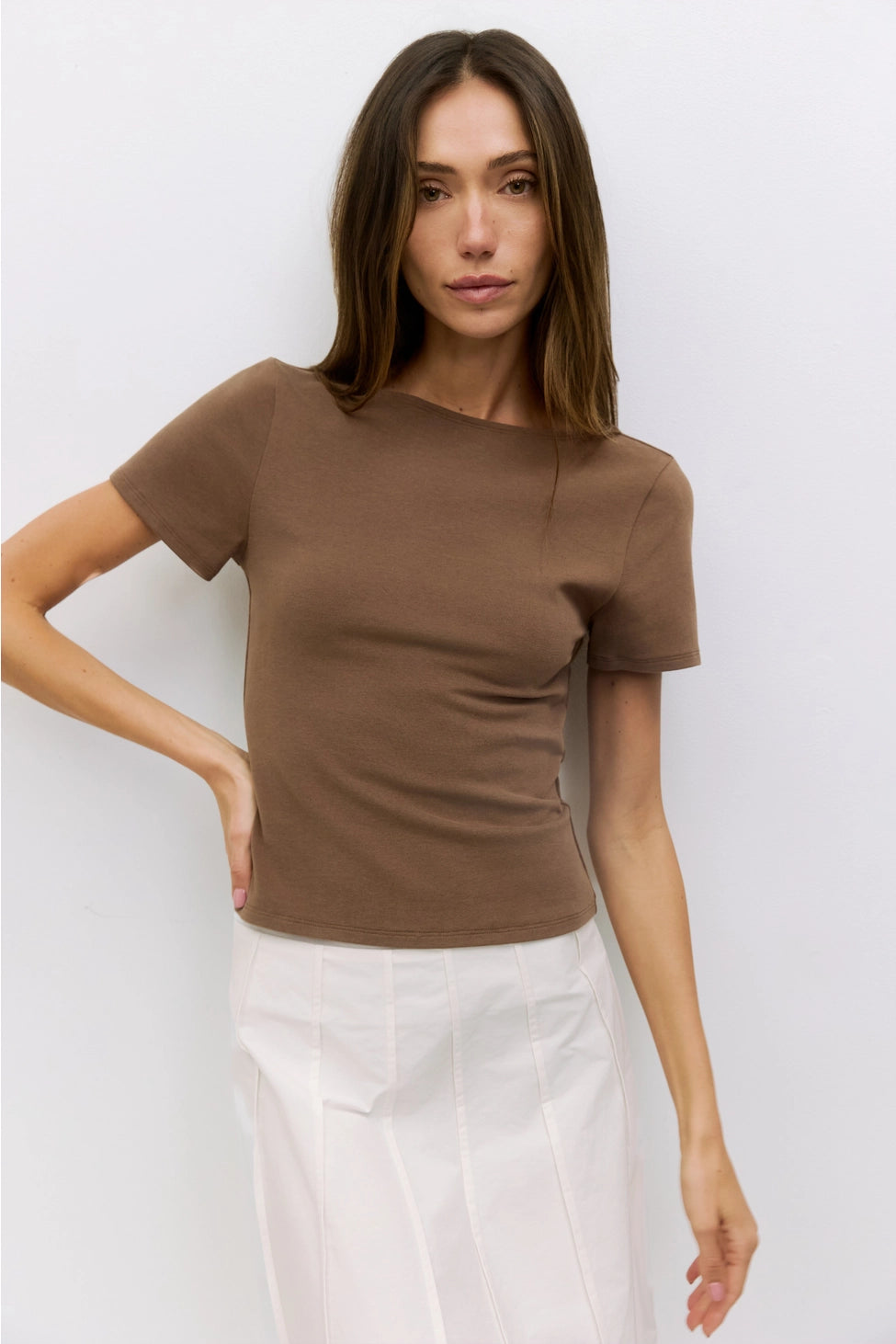 Wide Neck Soft Knit Top Brown