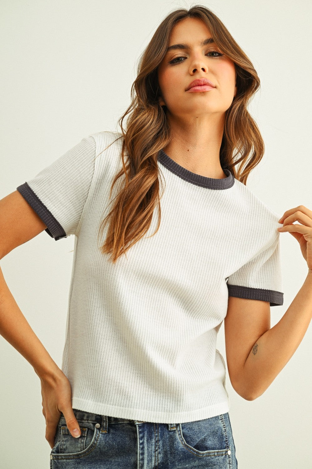 Color Combo Waffle Top White/Charcoal - Clothe Boutique