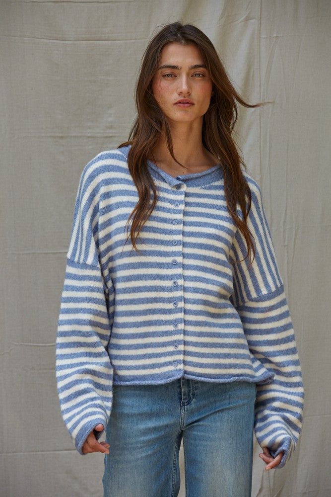 Striped Button Down Sweater Blue/White