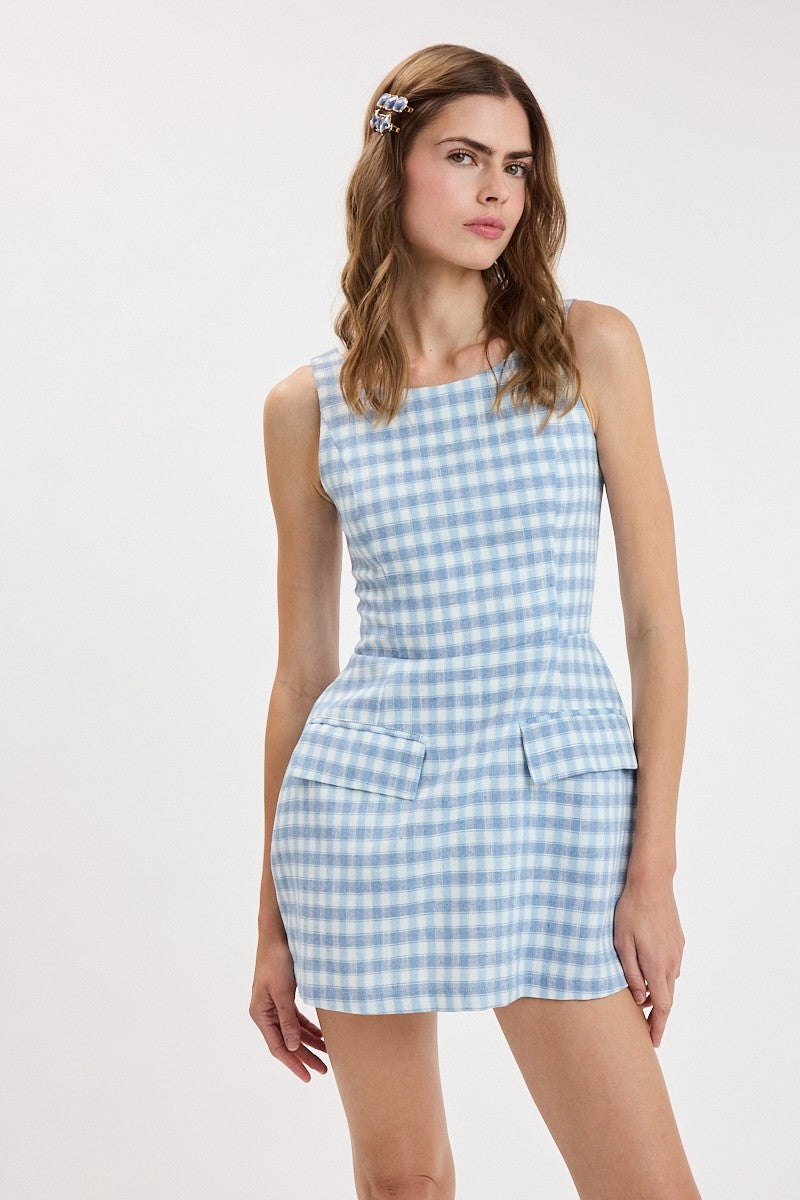 Blue Checker Pockets Dress