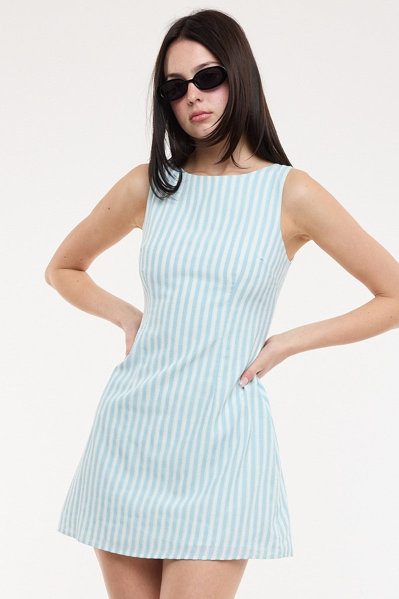 Blue Pinstripe Boat Neck Dress