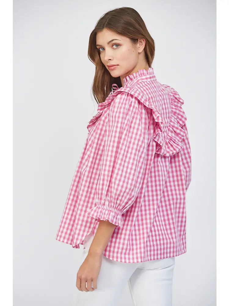 Pink Gingham Ruffle Top